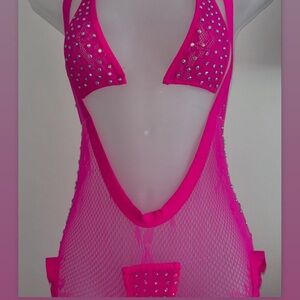 Hot Pink Rhinestone Fishnet Bodysuit